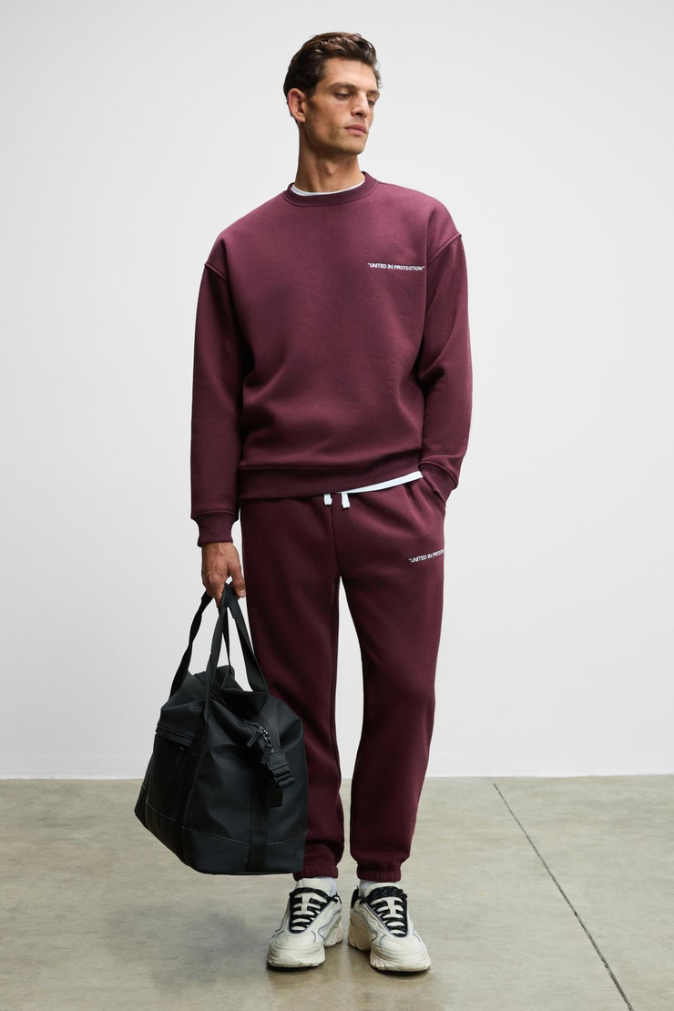 MARSHALL Erkek Pamuklu İçi Polarlı Nakışlı Relaxed Koyu Bordo Eşofman Takımı