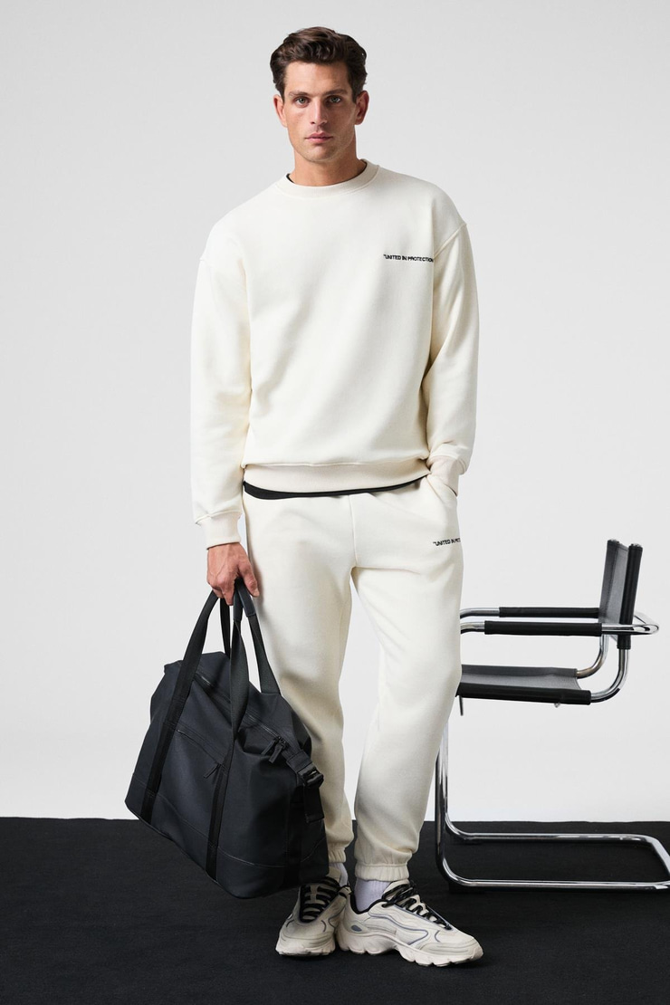 MARSHALL Erkek Pamuklu İçi Polarlı Nakışlı Relaxed Ekru Eşofman Takımı