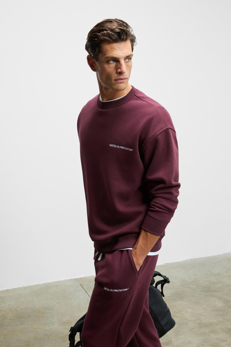 MARSHALL Erkek Pamuklu İçi Polarlı Nakışlı Relaxed Koyu Bordo Eşofman Takımı