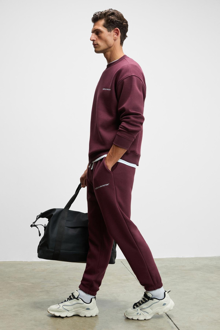 MARSHALL Erkek Pamuklu İçi Polarlı Nakışlı Relaxed Koyu Bordo Eşofman Takımı