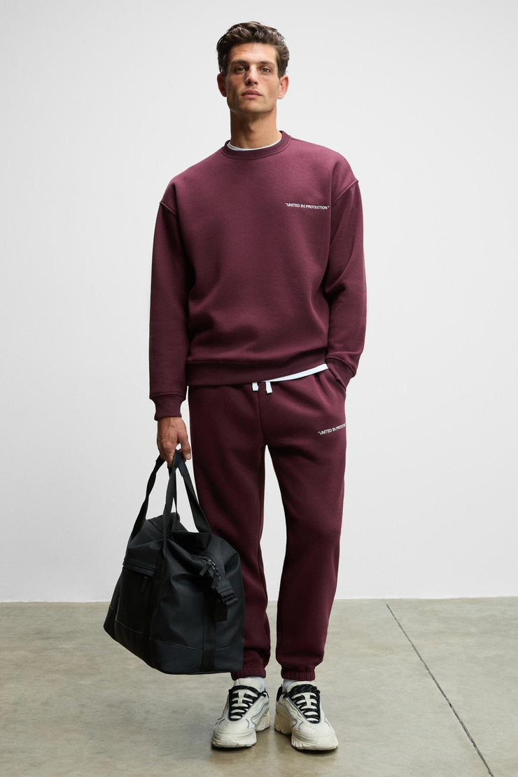 MARSHALL Erkek Pamuklu İçi Polarlı Nakışlı Relaxed Koyu Bordo Eşofman Takımı