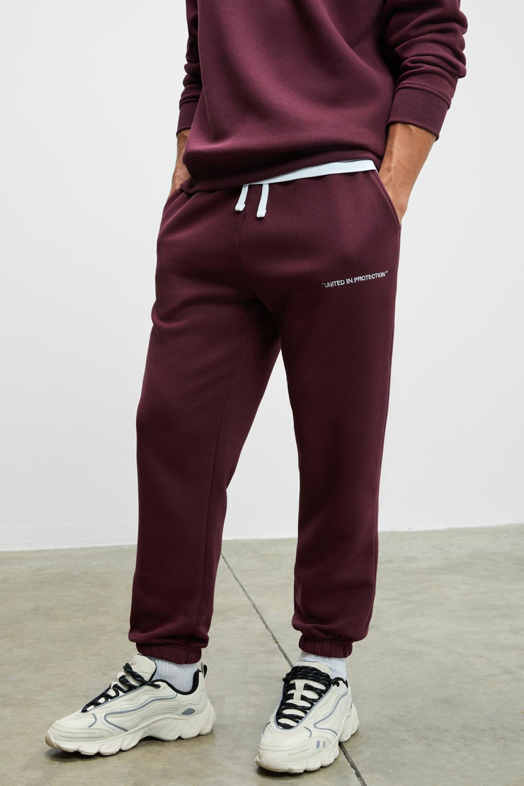 MARSHALL Erkek Pamuklu İçi Polarlı Nakışlı Relaxed Koyu Bordo Eşofman Takımı