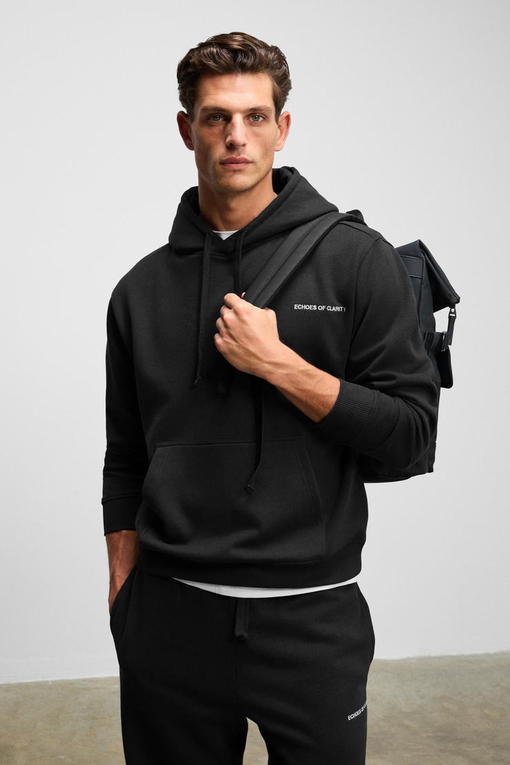 MARSHALLHOODIE Erkek Pamuklu İçi Polarlı Nakışlı Relaxed Siyah Eşofman Takımı