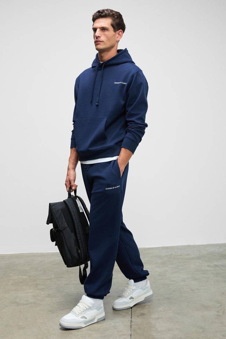 MARSHALLHOODIE Erkek Pamuklu İçi Polarlı Nakışlı Relaxed Koyu Lacivert Eşofman Takımı