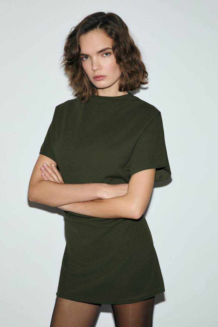 MAXINE Kadın Omuz Ve Bel Kısımlarında Pile Detaylı Dik Yaka Fermuarlı Kısa Kollu Mini Haki Elbise