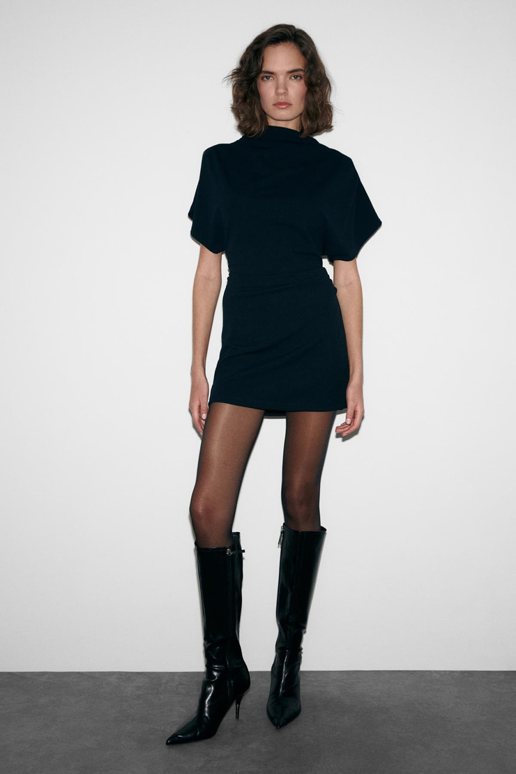 MAXINE Kadın Omuz Ve Bel Kısımlarında Pile Detaylı Dik Yaka Fermuarlı Kısa Kollu Mini Lacivert Elbise