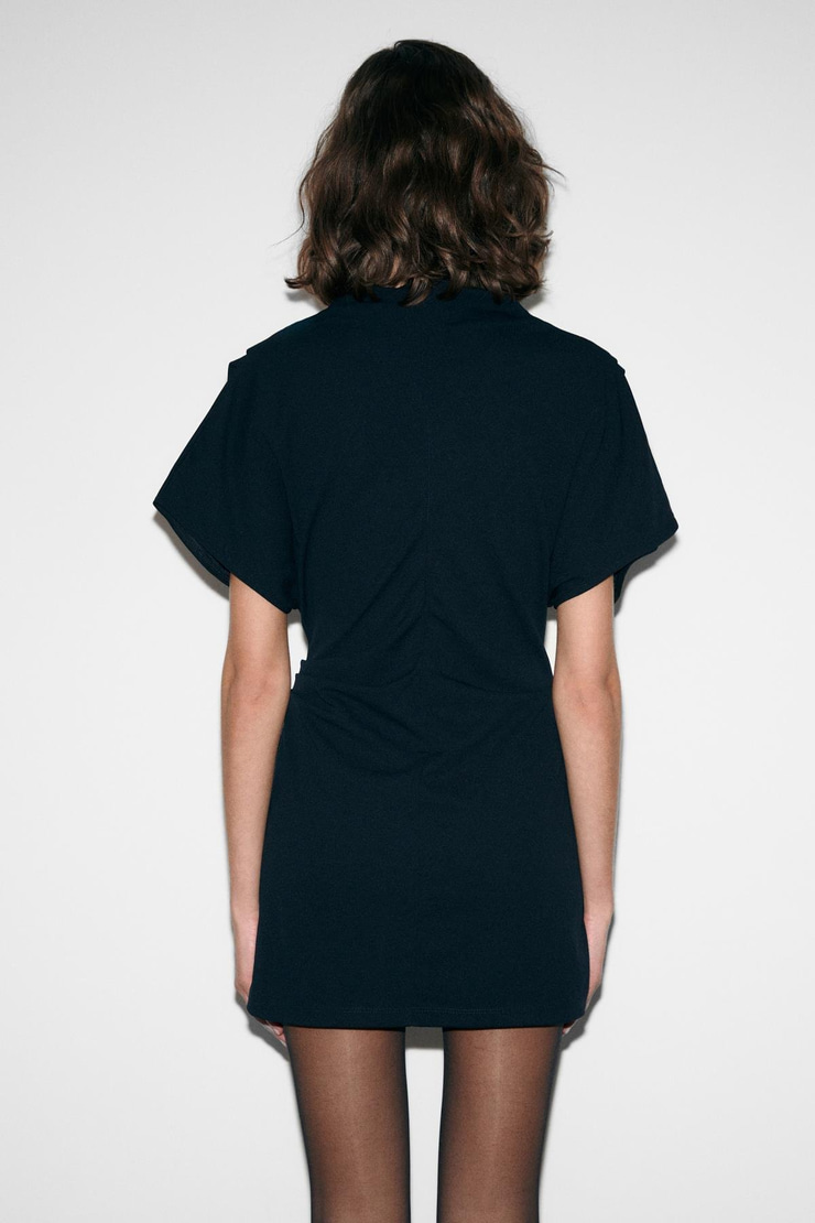 MAXINE Kadın Omuz Ve Bel Kısımlarında Pile Detaylı Dik Yaka Fermuarlı Kısa Kollu Mini Lacivert Elbise