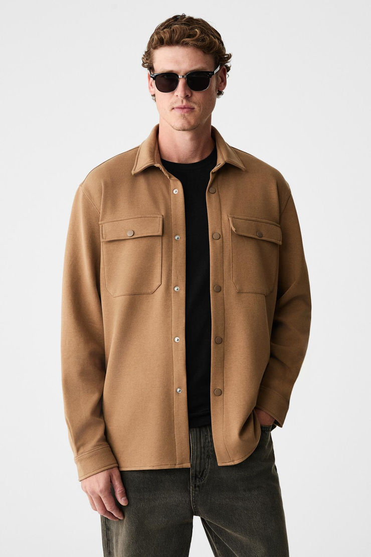 MAZE Erkek Özel Dokulu Kalın Kumaşlı Cepli Çıtçıtlı Açık Vizon Ceket