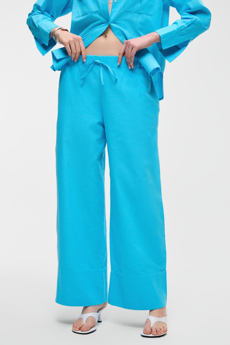 MELANCHOLI Kadın %100 Pamuk Keten Görünümlü Yüksek Bel Lastikli Bel Turkuaz Pantolon