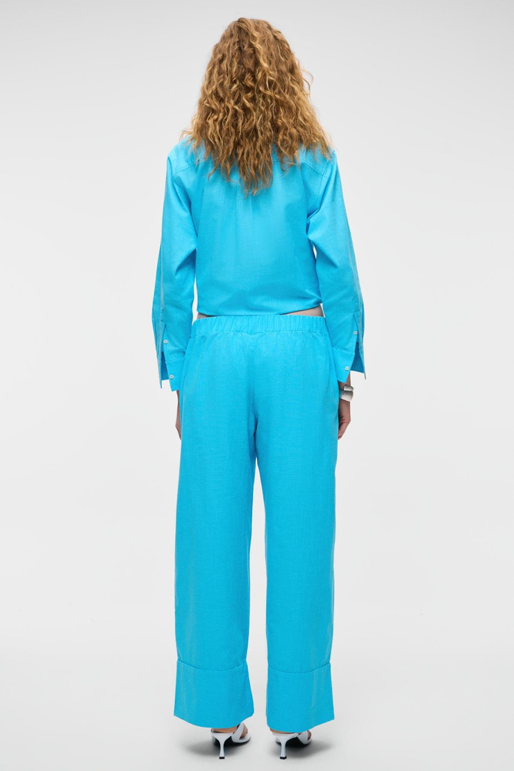 MELANCHOLI Kadın %100 Pamuk Keten Görünümlü Yüksek Bel Lastikli Bel Turkuaz Pantolon