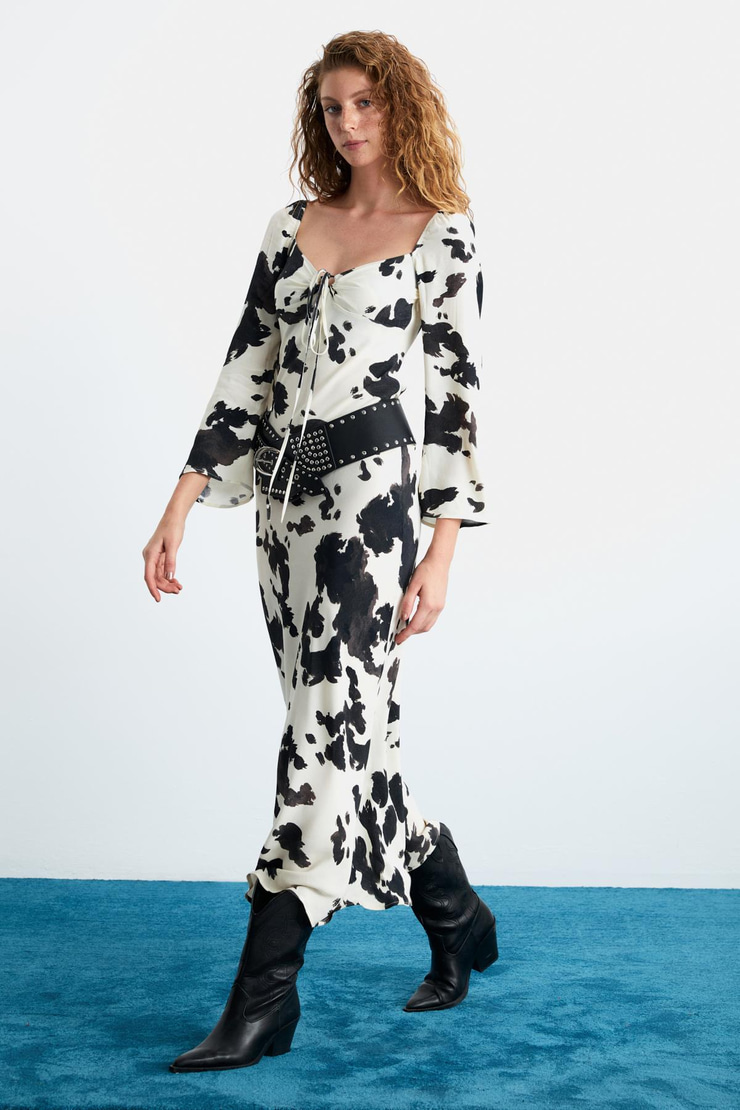 MELENI Kadın Maroken Dokuma Kumaşlı Belden Genişleyen Yakadan bağlamalı Desenli Elbise