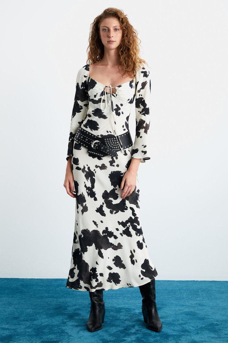 MELENI Kadın Maroken Dokuma Kumaşlı Belden Genişleyen Yakadan bağlamalı Desenli Elbise