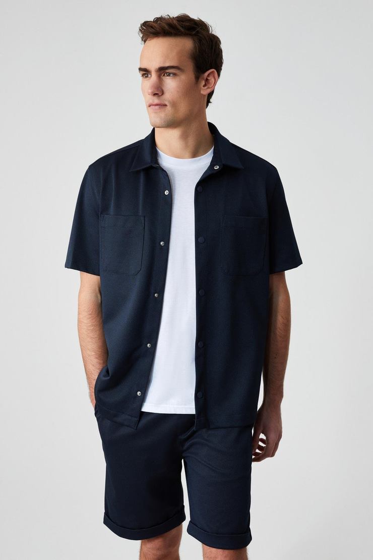 MELOS Erkek Kısa Kollu Cepli Çıtçıtlı Relaxed Fit Lacivert Gömlek