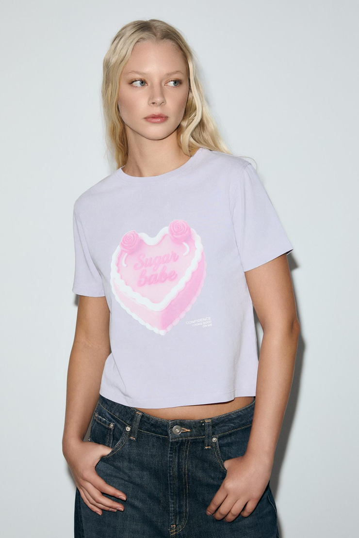 MELUNAE Kadın Organik Pamuklu Bisiklet Yaka Kısa Kollu Baskı Detaylı Lila T-Shirt