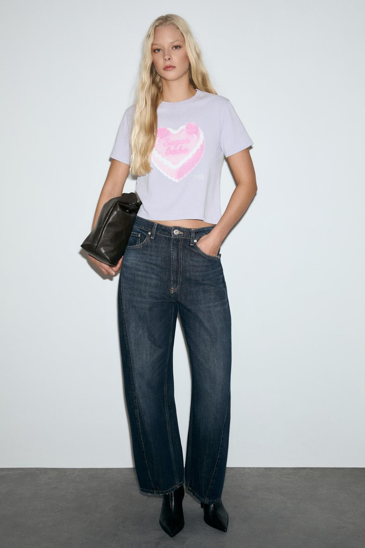 MELUNAE Kadın Organik Pamuklu Bisiklet Yaka Kısa Kollu Baskı Detaylı Lila T-Shirt