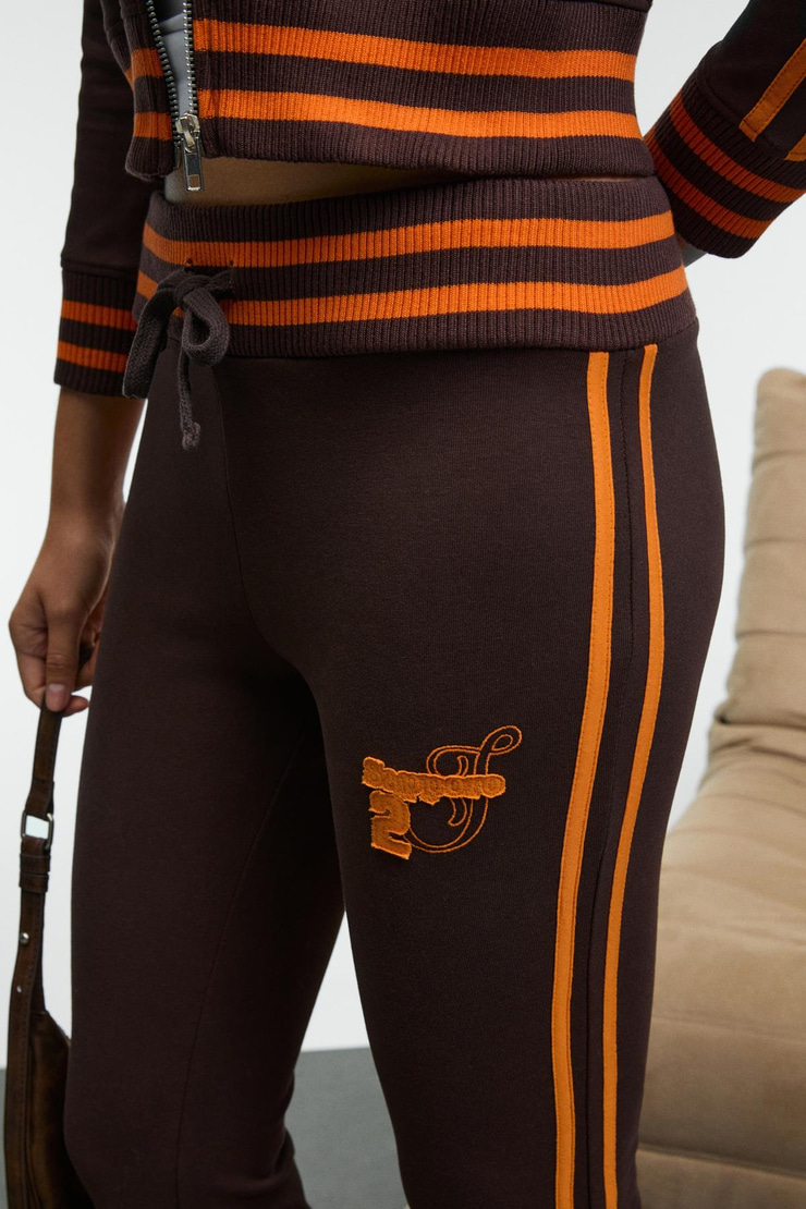 MENTTAQUE Kadın Triko Kemerli Kontrast Biyeli Nakışlı Kahverengi Eşofman Altı