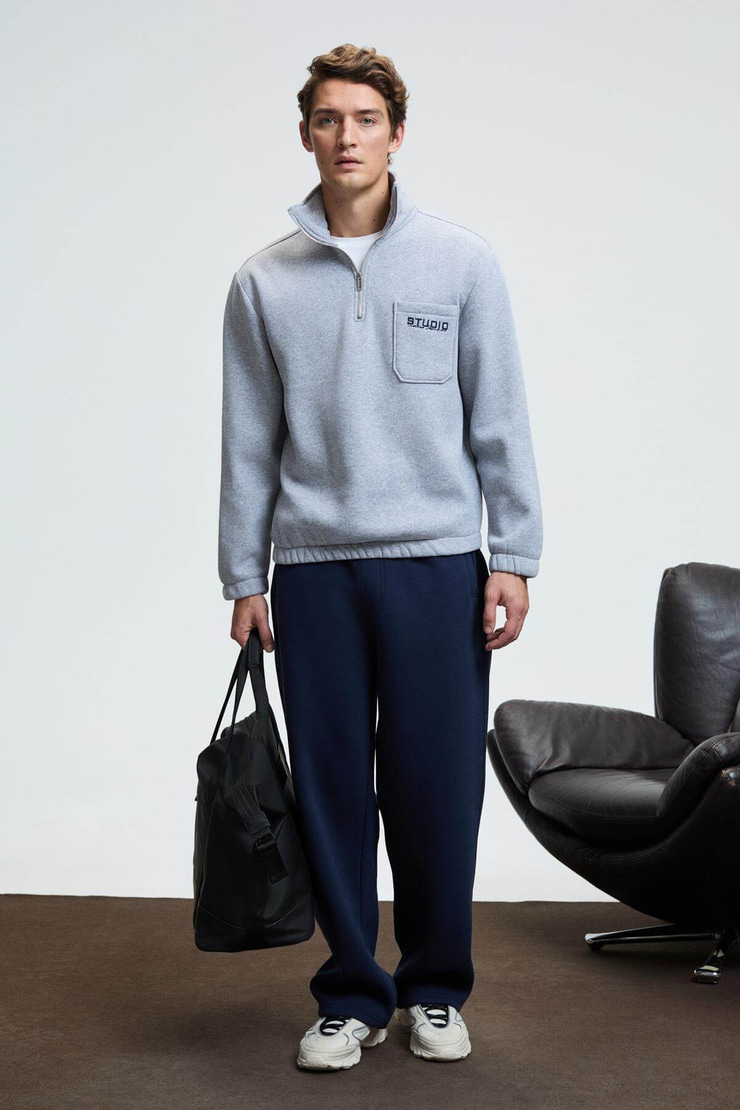 MERRICK Erkek Sırt Baskılı Cebi Nakışlı Yarım Fermuarlı Kolu Lastikli Dik Yaka Regular Fit Grimelanj Sweatshirt