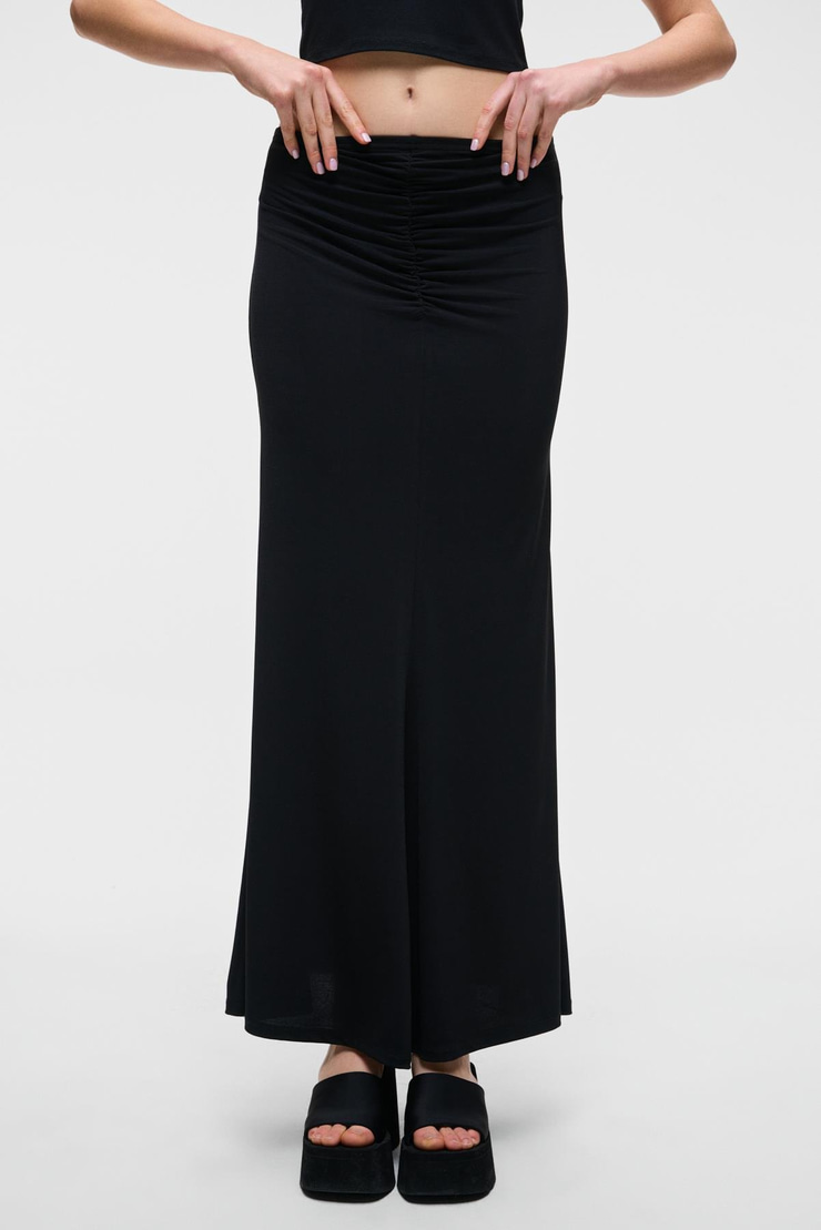 MIALTIH Kadın Uzun Büzgü Detay Regular Siyah Etek