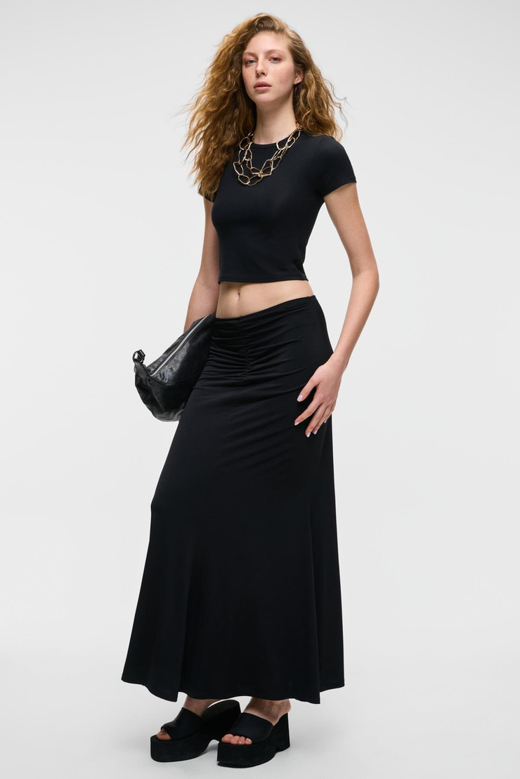 MIALTIH Kadın Uzun Büzgü Detay Regular Siyah Etek