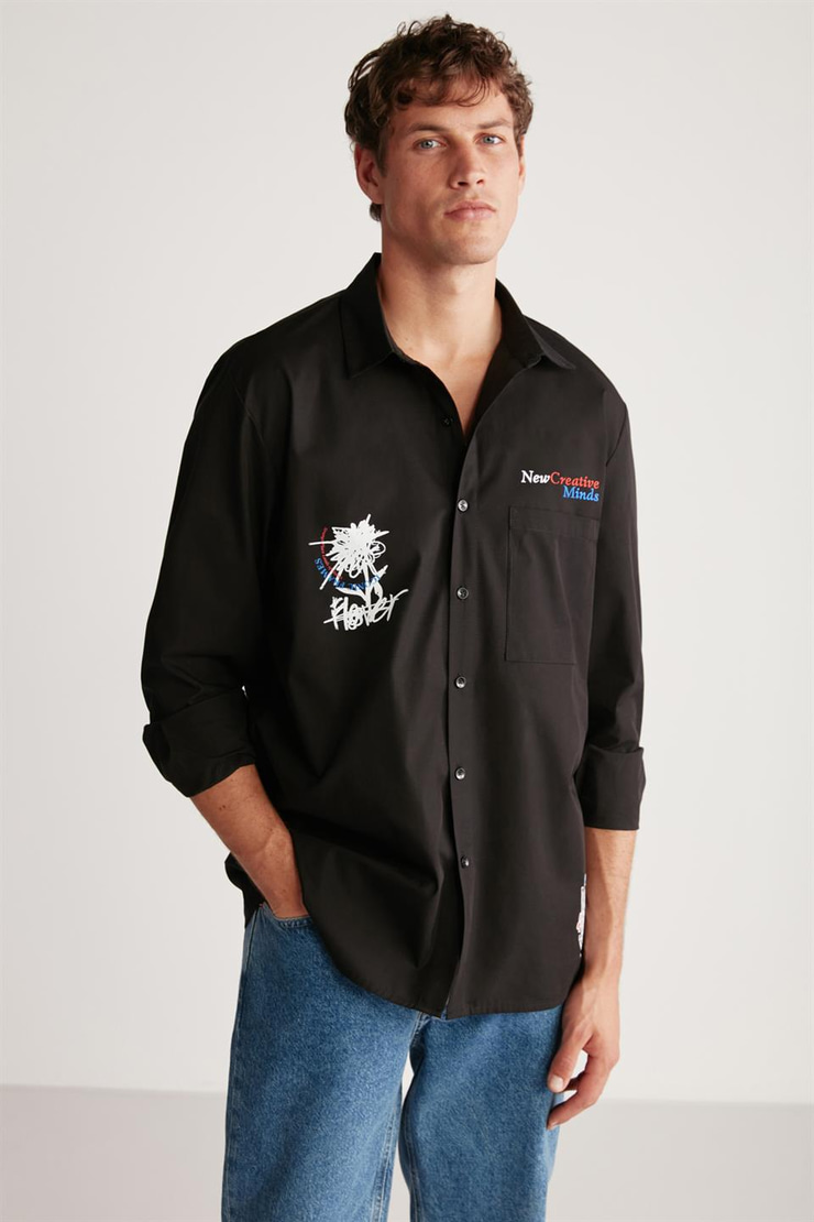 MILTON Poplin Regular Siyah Tekli Gömlek