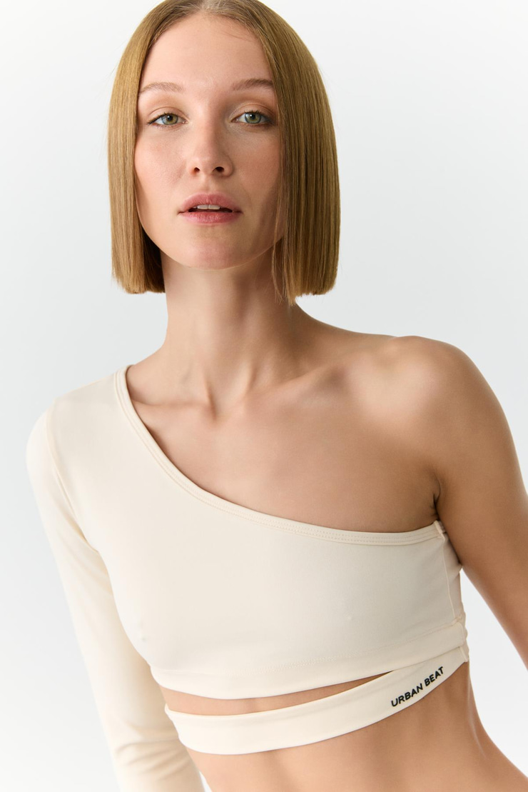 MIYA Kadın Tek Kol Açık Yaka Ekru T-Shirt