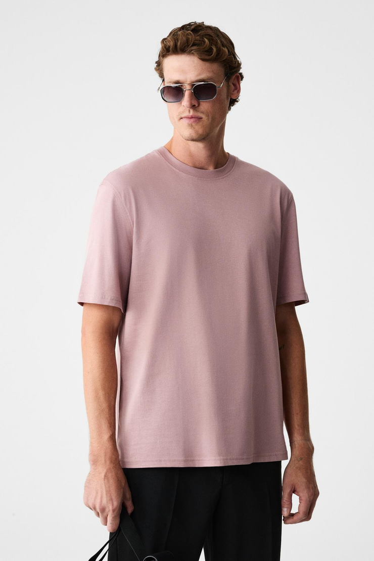 MOCASSIN Erkek %100 Pamuk Baskılı Relaxed Fit Yuvarlak Yaka Kısa Kollu Koyu Pembe T-Shirt