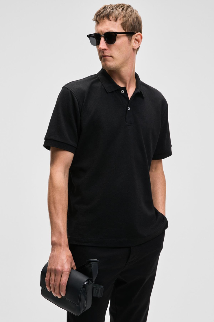 MONAGHAN Erkek Polo Yaka Relaxed Fit Patlı Düğmeli Kısa Kollu Siyah T-Shirt