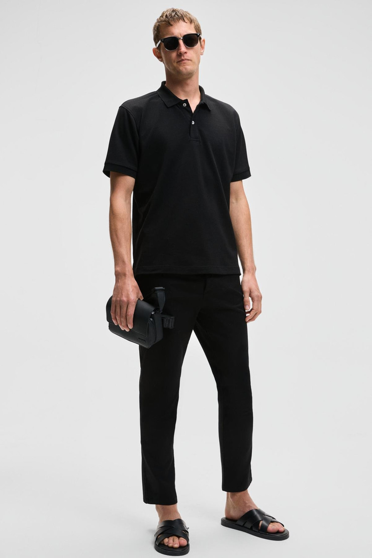 MONAGHAN Erkek Polo Yaka Relaxed Fit Patlı Düğmeli Kısa Kollu Siyah T-Shirt