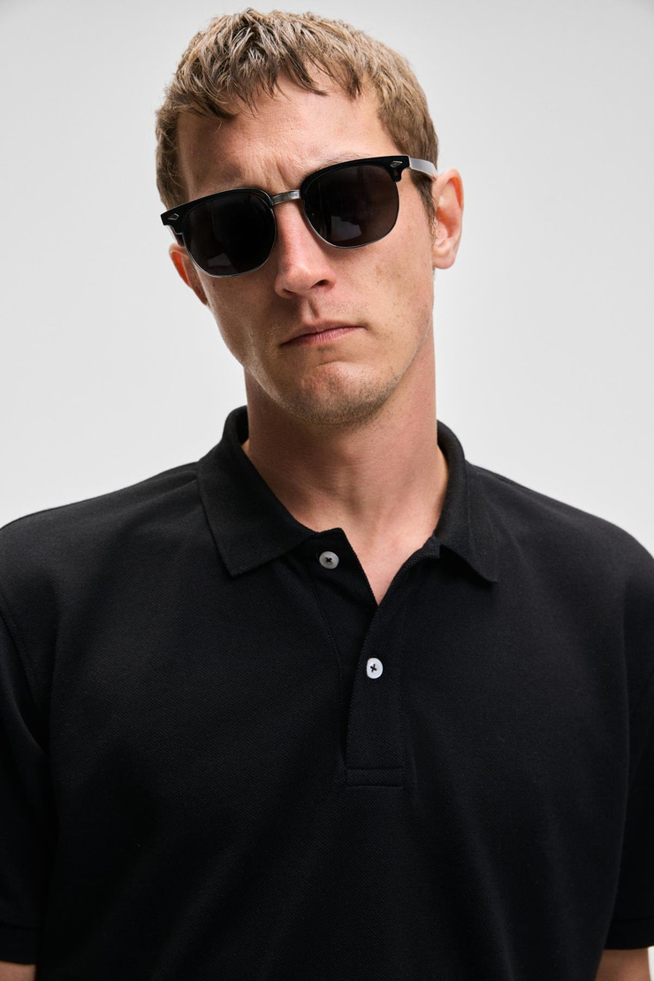 MONAGHAN Erkek Polo Yaka Relaxed Fit Patlı Düğmeli Kısa Kollu Siyah T-Shirt