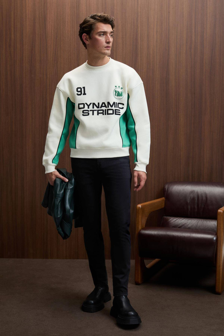 MONTY Erkek Yuvarlak Yaka Baskılı Omuzları Yeşil Renkte Relaxed Fit Ekru Sweatshirt