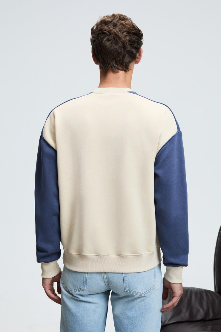 MONTY Erkek Yuvarlak Yaka Baskılı Omuzları Yeşil Renkte Relaxed Fit Bej Sweatshirt