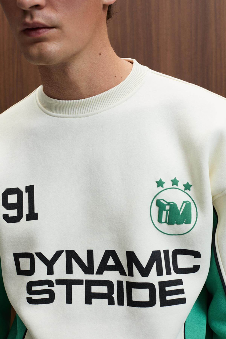 MONTY Erkek Yuvarlak Yaka Baskılı Omuzları Yeşil Renkte Relaxed Fit Ekru Sweatshirt