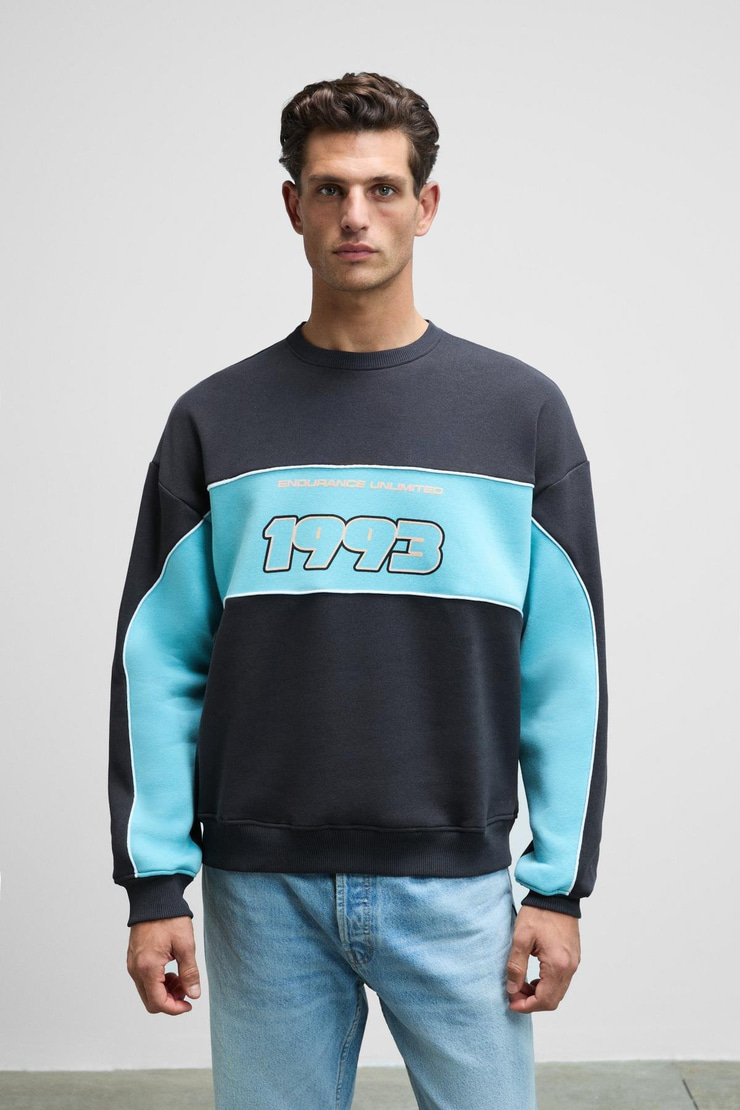 MONTY Erkek Yuvarlak Yaka Baskılı Omuzları Yeşil Renkte Relaxed Fit Antrasit Sweatshirt