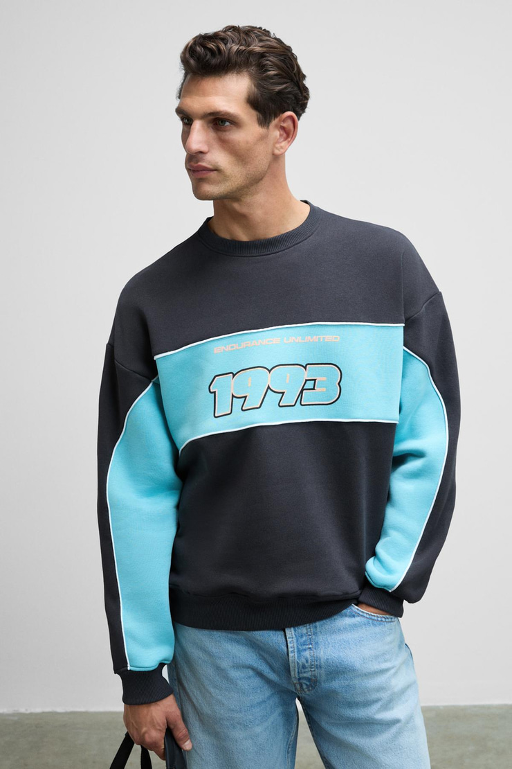 MONTY Erkek Yuvarlak Yaka Baskılı Omuzları Yeşil Renkte Relaxed Fit Antrasit Sweatshirt