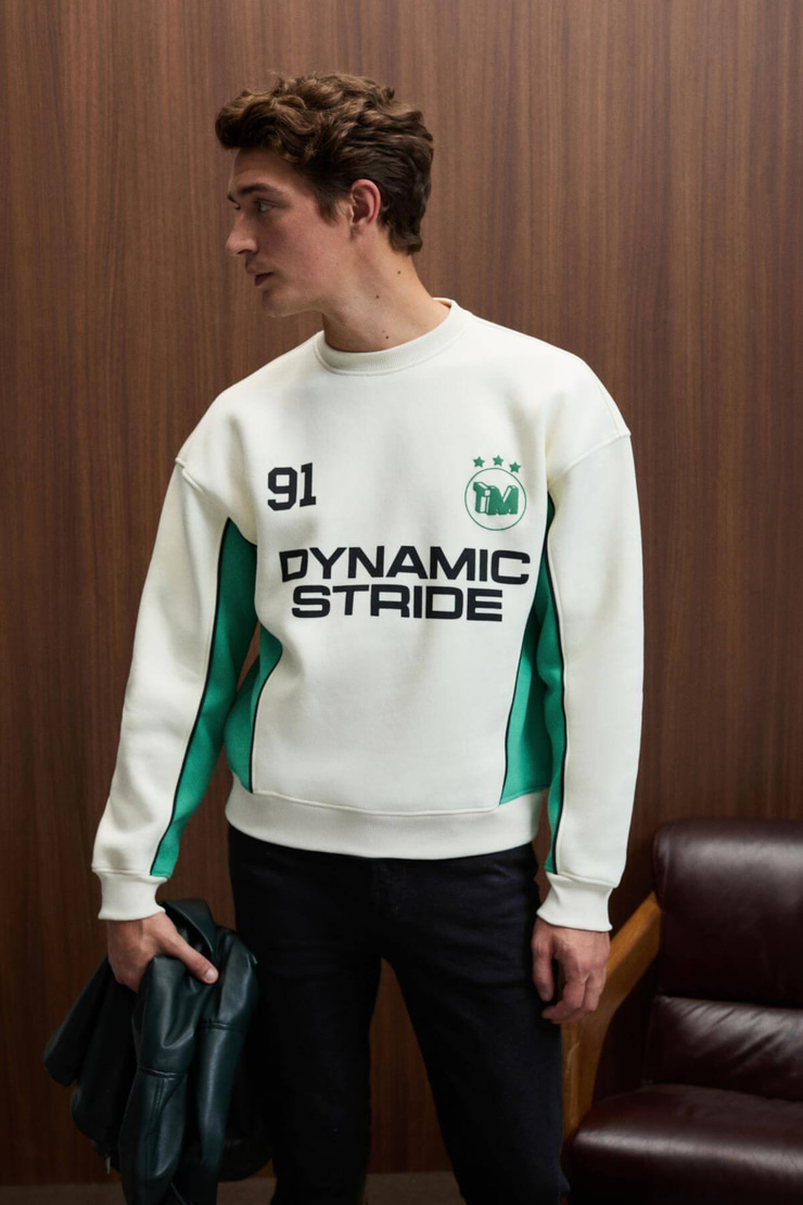 MONTY Erkek Yuvarlak Yaka Baskılı Omuzları Yeşil Renkte Relaxed Fit Ekru Sweatshirt