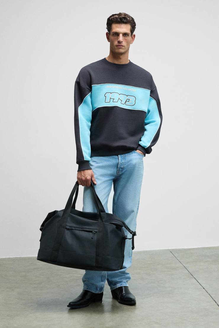 MONTY Erkek Yuvarlak Yaka Baskılı Omuzları Yeşil Renkte Relaxed Fit Antrasit Sweatshirt