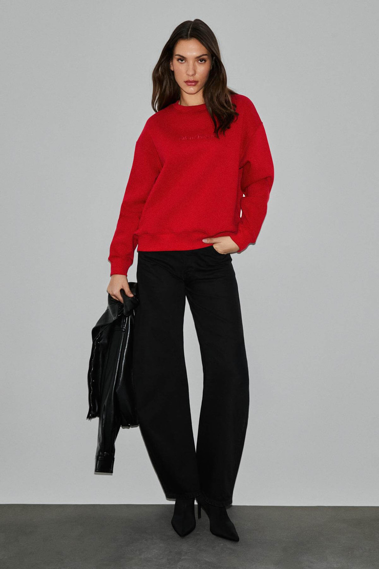 MOTION Kadın Organik Pamuklu İçi Polarlı Yuvarlak Yaka Patch Detaylı Oversize Kırmızı Sweatshirt