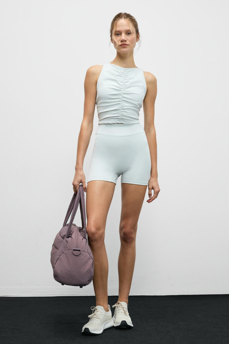 MOVEXA Kadın Esnek Ve Yumuşak Dokulu Yuvarlak Yakalı Önü Büzgülü Sırtı Halter Gri Büstiyer