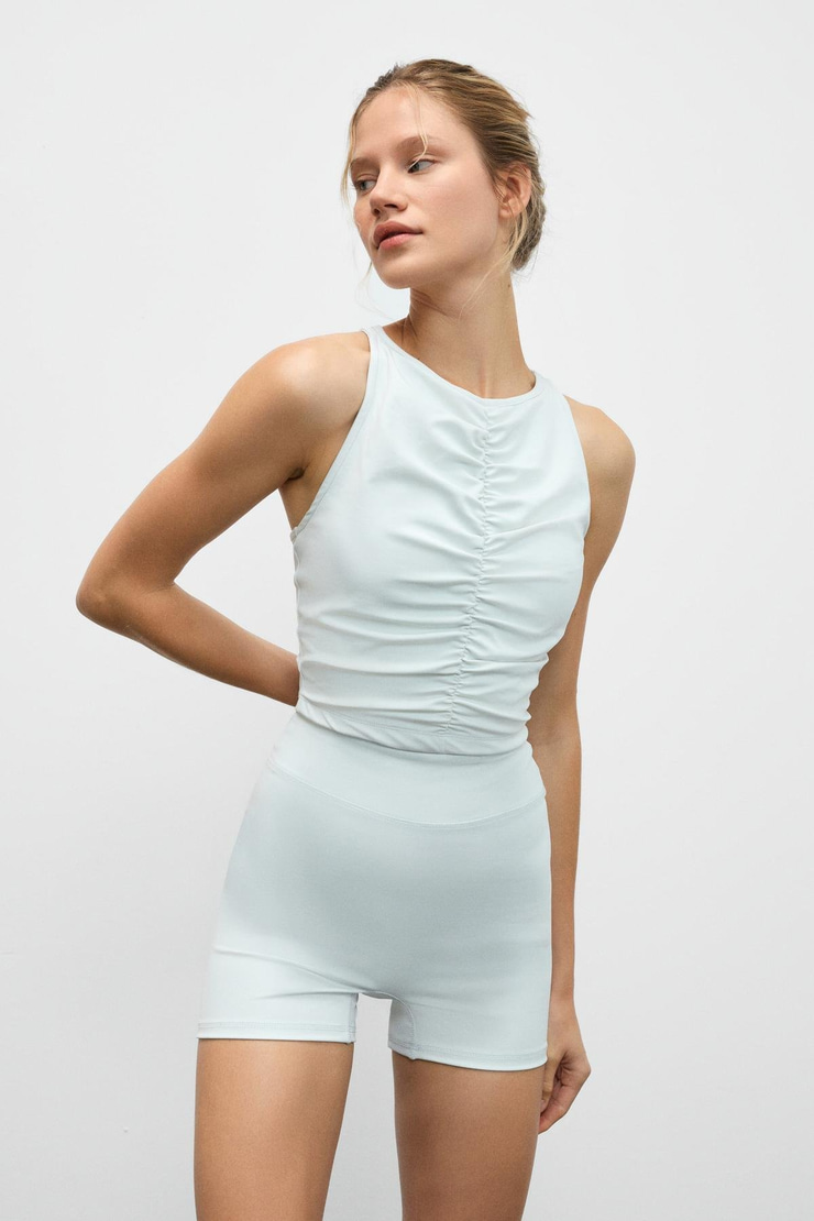 MOVEXA Kadın Esnek Ve Yumuşak Dokulu Yuvarlak Yakalı Önü Büzgülü Sırtı Halter Gri Büstiyer