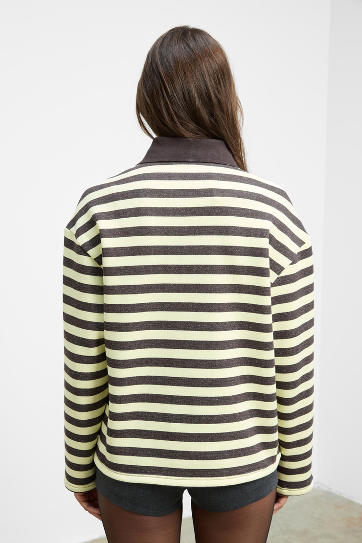 MUSE Kadın Çizgili Triko Polo Yakalı Regular Fit Sarı Sweatshirt