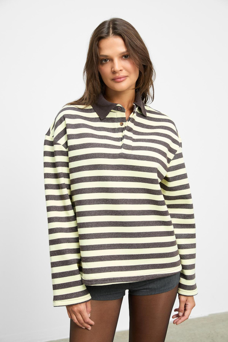 MUSE Kadın Çizgili Triko Polo Yakalı Regular Fit Sarı Sweatshirt