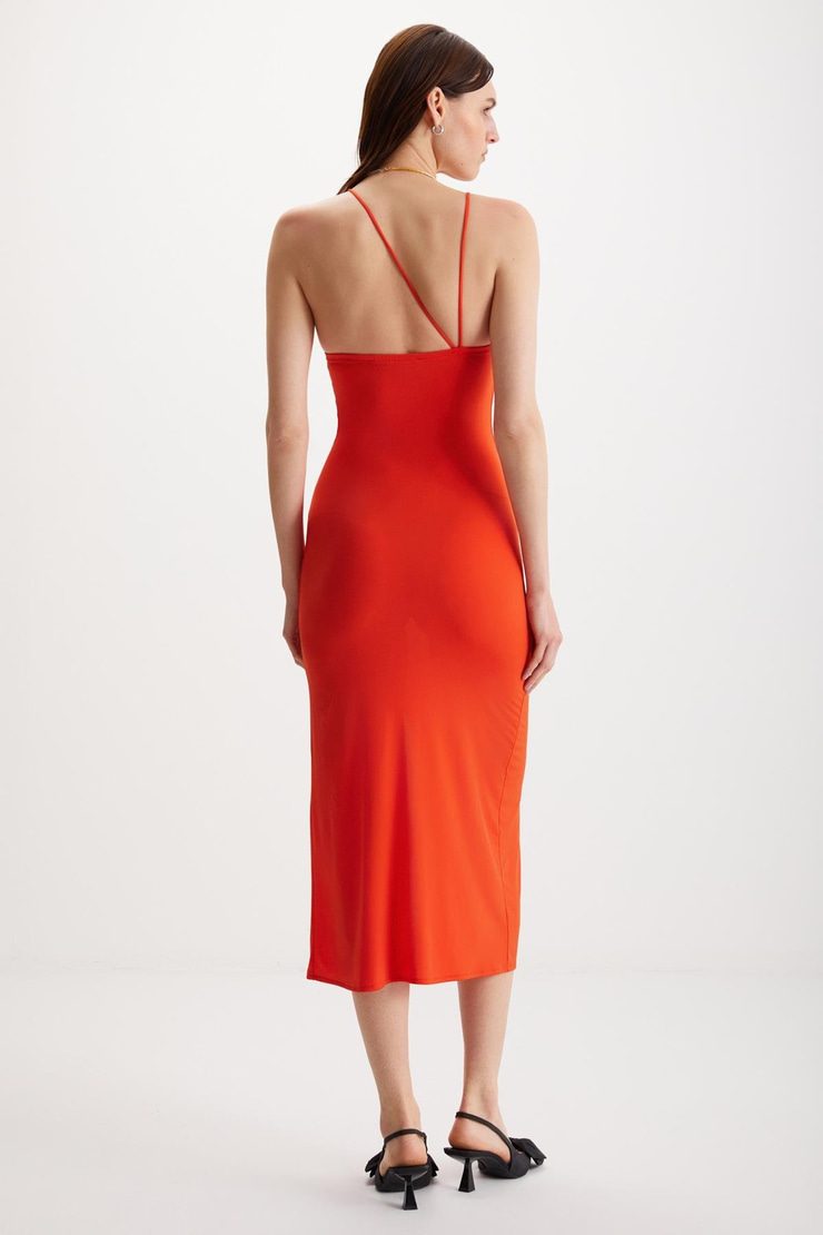 NALORIA Kadın Sandy Dökümlü Kumaşlı Sırtı Açık Vücüda oturan Bodycon Nar Çiçeği Elbise