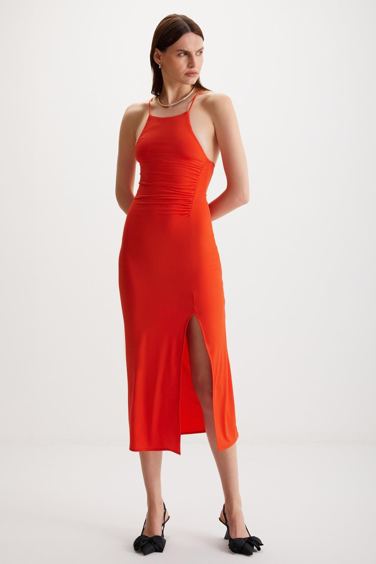 NALORIA Kadın Sandy Dökümlü Kumaşlı Sırtı Açık Vücüda oturan Bodycon Nar Çiçeği Elbise