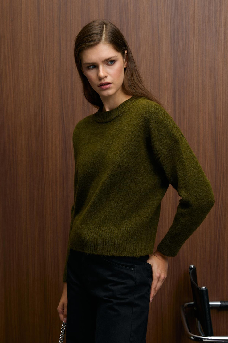 NANNA Kadın Oversize Fit Yumuşacık Kaşmir Tuşesinde Bisiklet yaka Kalın Triko Haki Kazak