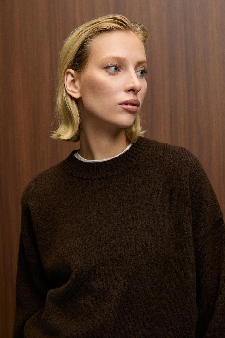 NANNA Kadın Oversize Fit Yumuşacık Kaşmir Tuşesinde Bisiklet yaka Kalın Triko Kahverengi Kazak