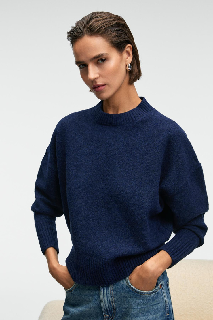 NANNA Kadın Oversize Fit Yumuşacık Kaşmir Tuşesinde Bisiklet yaka Kalın Triko Lacivert Kazak