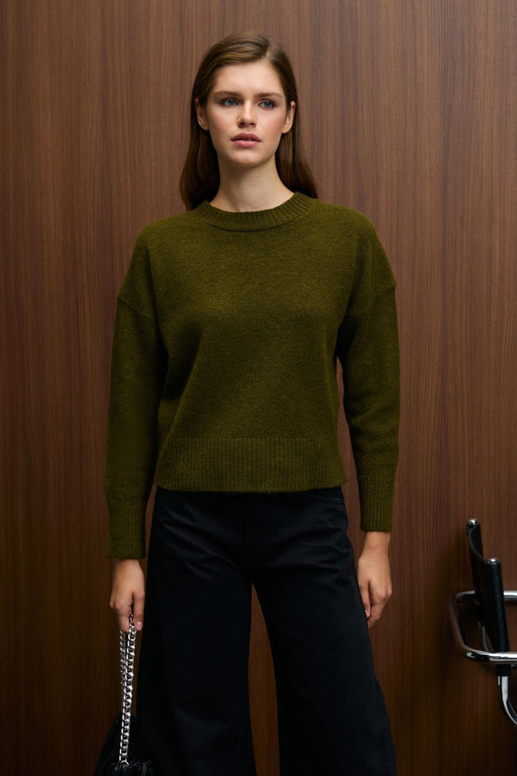 NANNA Kadın Oversize Fit Yumuşacık Kaşmir Tuşesinde Bisiklet yaka Kalın Triko Haki Kazak