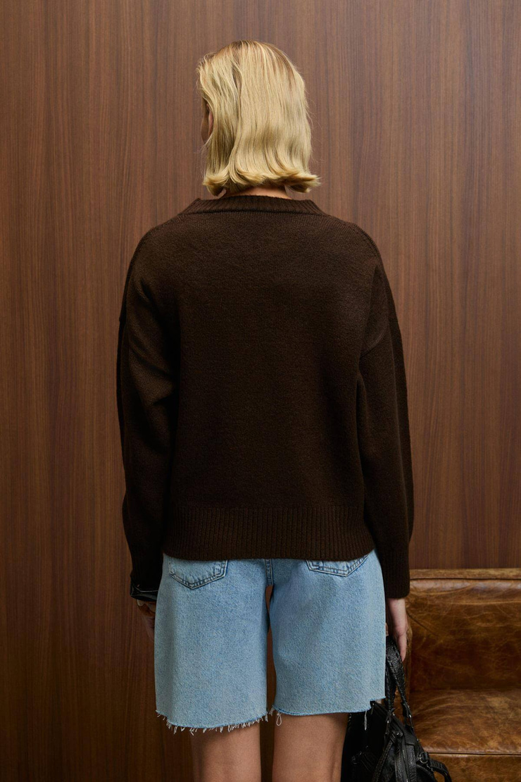 NANNA Kadın Oversize Fit Yumuşacık Kaşmir Tuşesinde Bisiklet yaka Kalın Triko Kahverengi Kazak