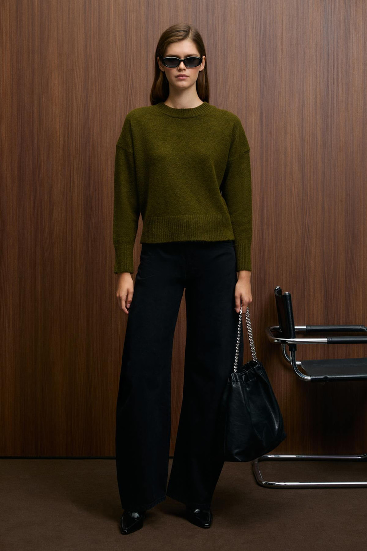 NANNA Kadın Oversize Fit Yumuşacık Kaşmir Tuşesinde Bisiklet yaka Kalın Triko Haki Kazak