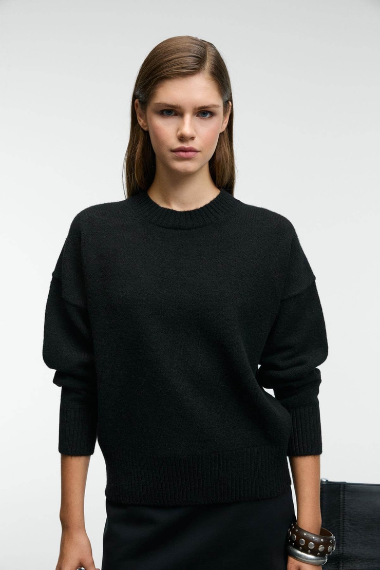 NANNA Kadın Oversize Fit Yumuşacık Kaşmir Tuşesinde Bisiklet yaka Kalın Triko Siyah Kazak